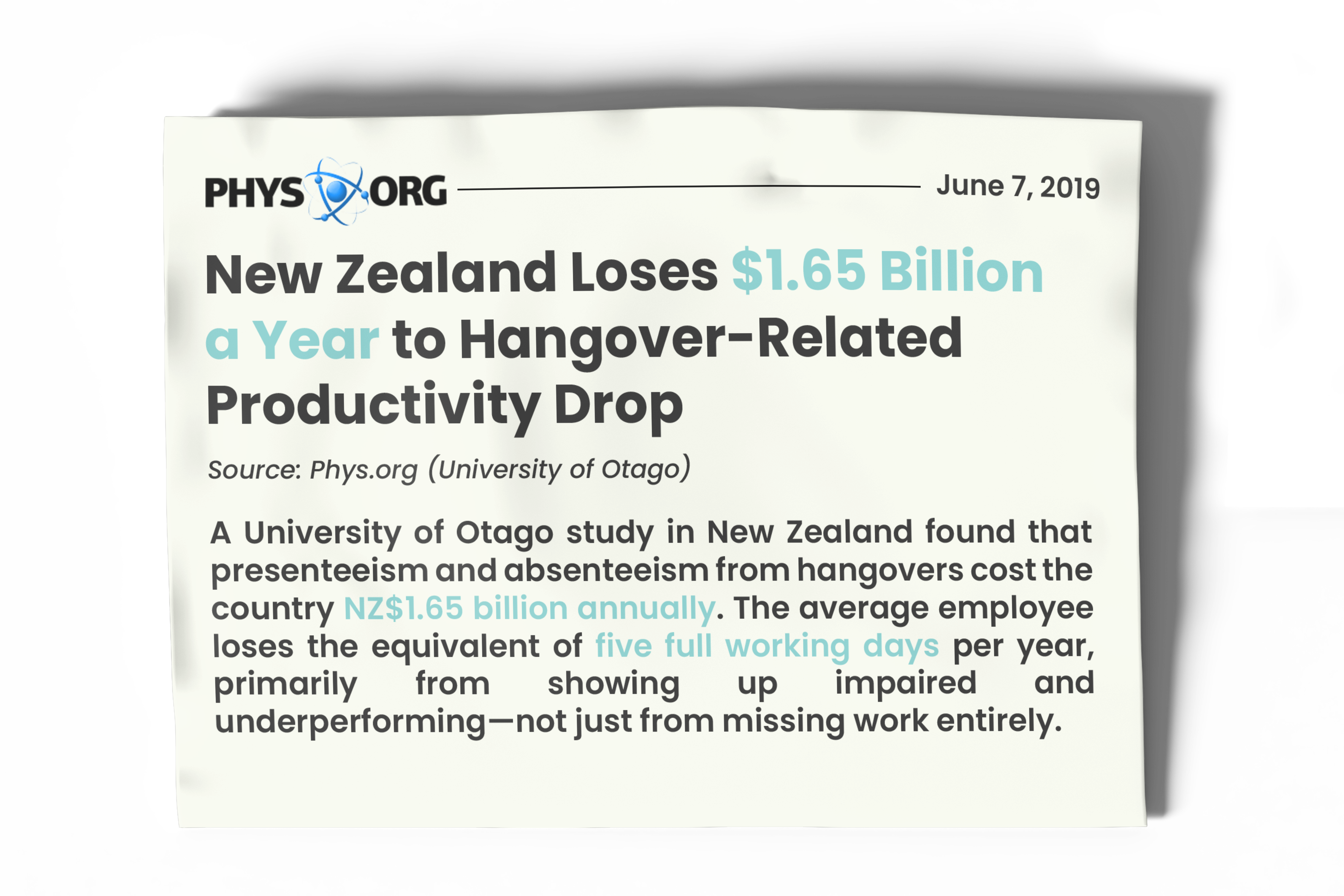 News article about hangover productivity costs